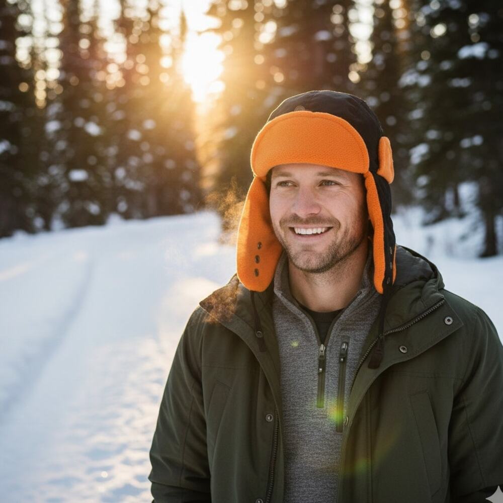 Discovery Expedition Orange Beanie Hat XL Ear Flap Winter Performance Fleece Cap